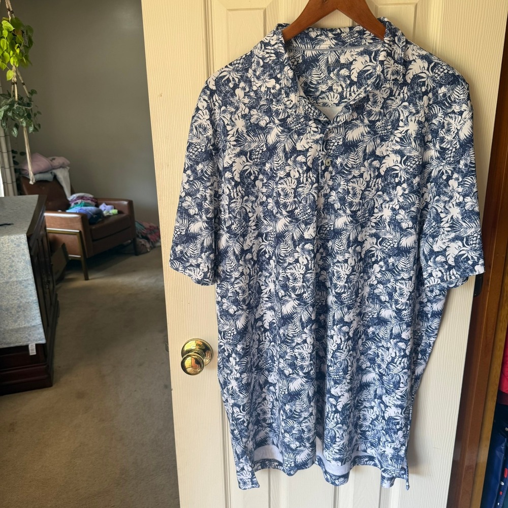 Johnnie-O Prep-Formance Polo Shirt Men's XL Blue White Tropical Floral Golf